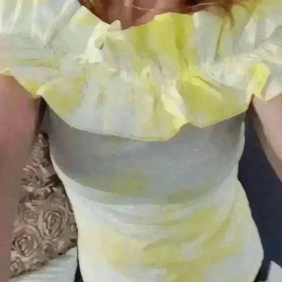 Women's White and Yellow Strapless Super Wide Shoulder Ruffle Top by Man… - Picture 10 of 11